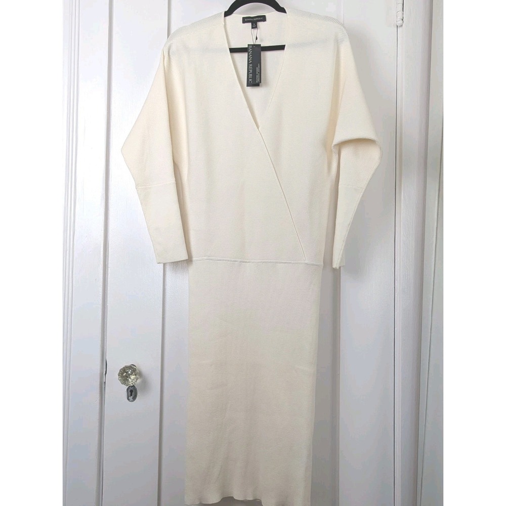 Banana Republic Sweater Dress Womens S Ivory Ribbed Wrap Midi Dolman NWT